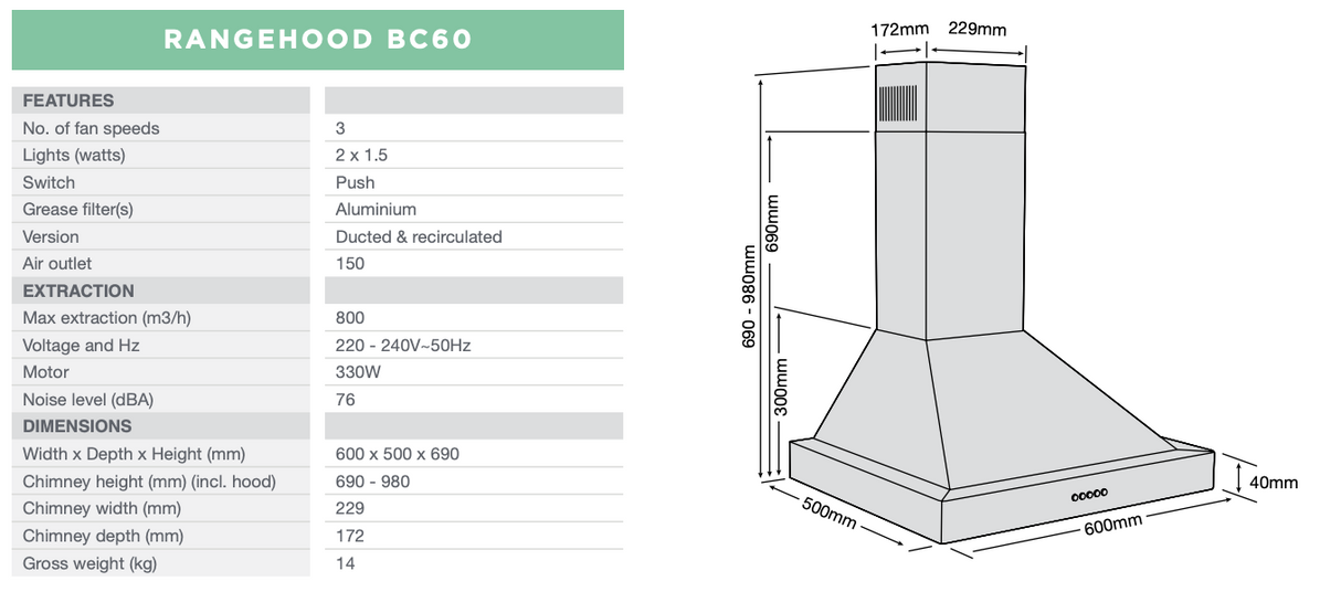 Belling BC60B 60cm Black Finish Canopy Rangehood