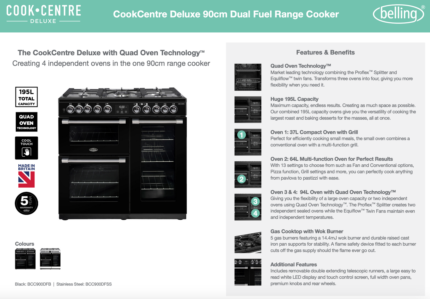 Belling BCC900DFB CookCentre Deluxe 90cm Dual Fuel Range Cooker, Black