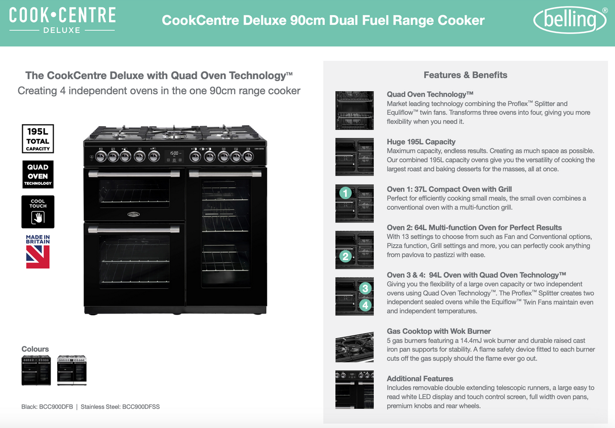 Belling BCC900DFB CookCentre Deluxe 90cm Dual Fuel Range Cooker, Black