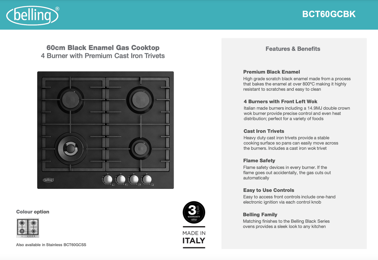 Belling BCT60GCBK 60cm Black Enamel Gas Cooktop - Clearance Discount