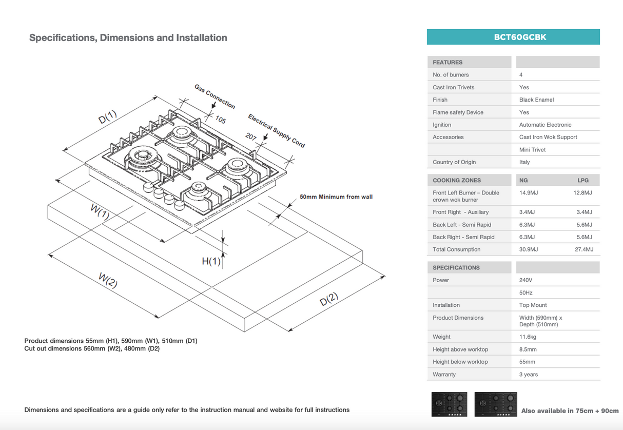Belling BCT60GCBK 60cm Black Enamel Gas Cooktop - Clearance Discount