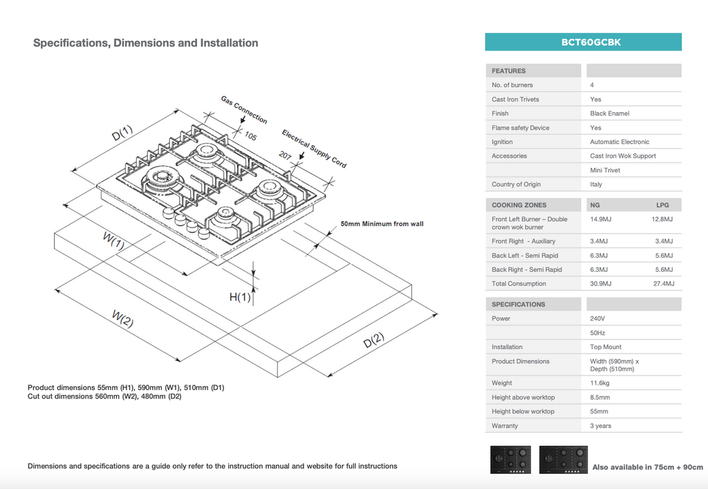 Belling BCT60GCBK 60cm Black Enamel Gas Cooktop Clearance Discount