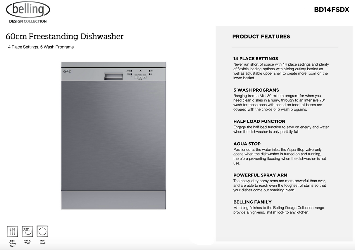 Belling BD14FSDX 14 Place European Made Stainless Steel Dishwasher - Seconds Discount