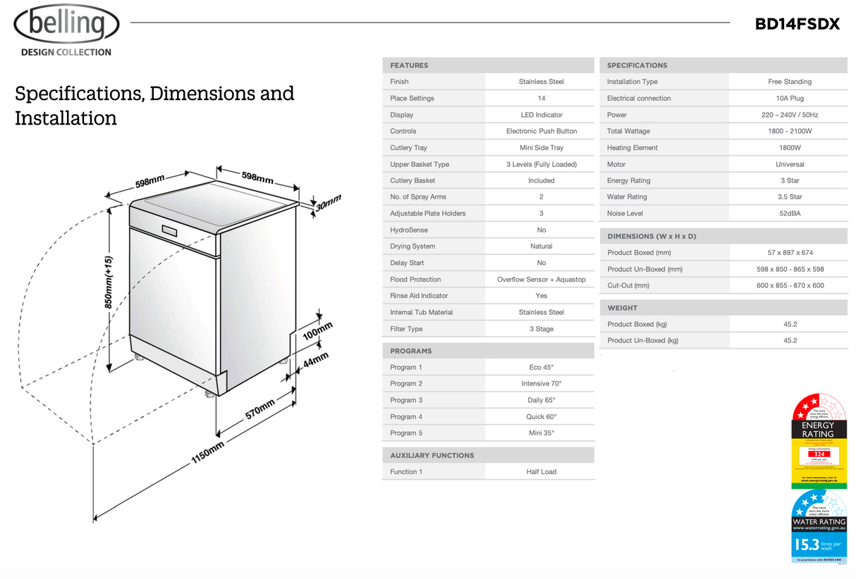 Belling BD14FSDX 14 Place European Made Stainless Steel Dishwasher - Seconds Discount