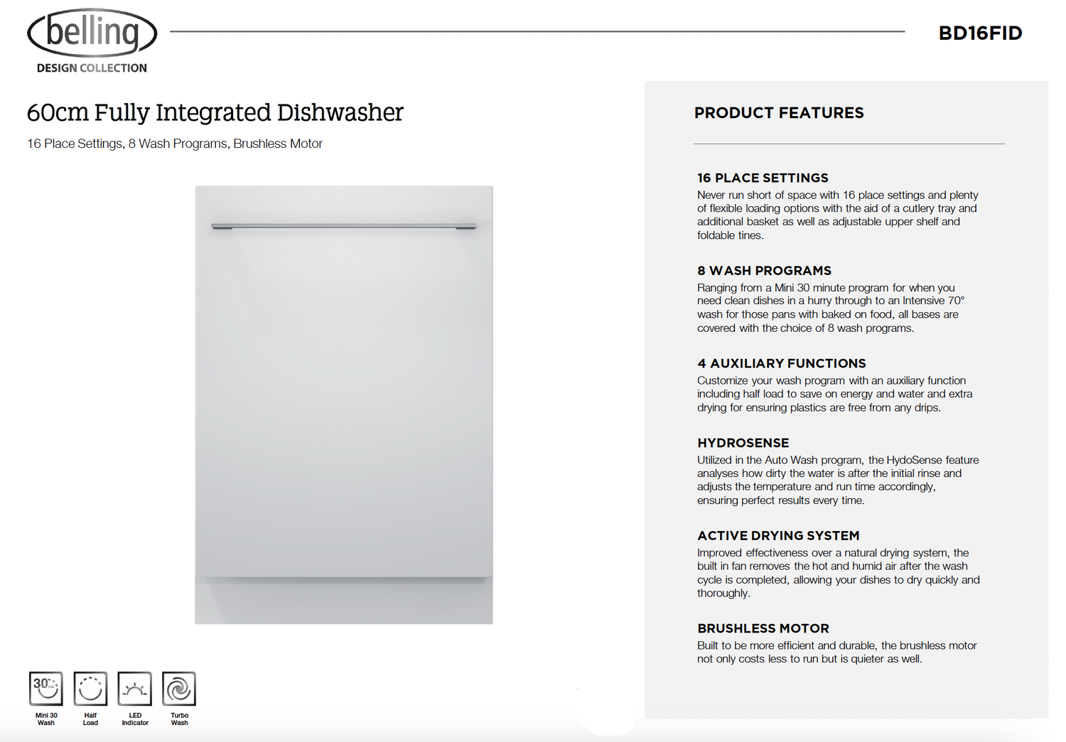 Belling BD16FID 60cm Fully integrated Dishwasher - Seconds Discount