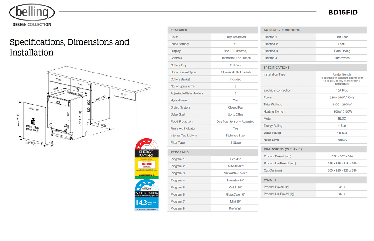 Belling BD16FID 60cm Fully integrated Dishwasher - Seconds Discount