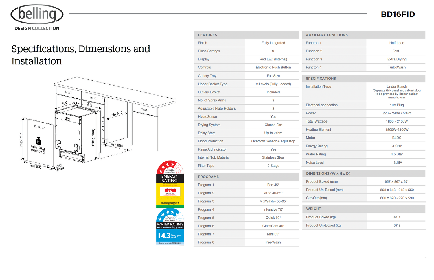 Belling BD16FID 60cm Fully integrated Dishwasher - Seconds Discount