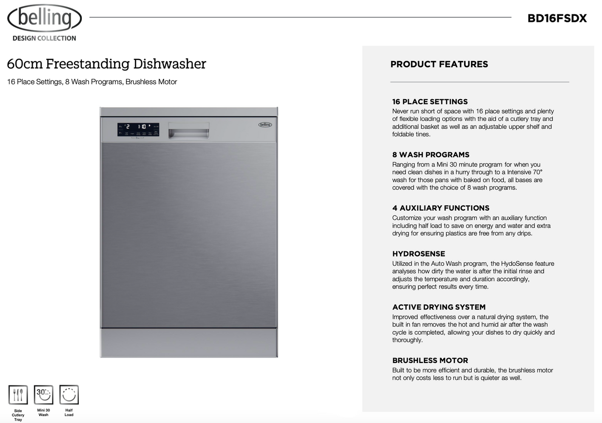 Belling BD16FSDX 16 Place European Made Stainless Steel Dishwasher - Seconds Discount
