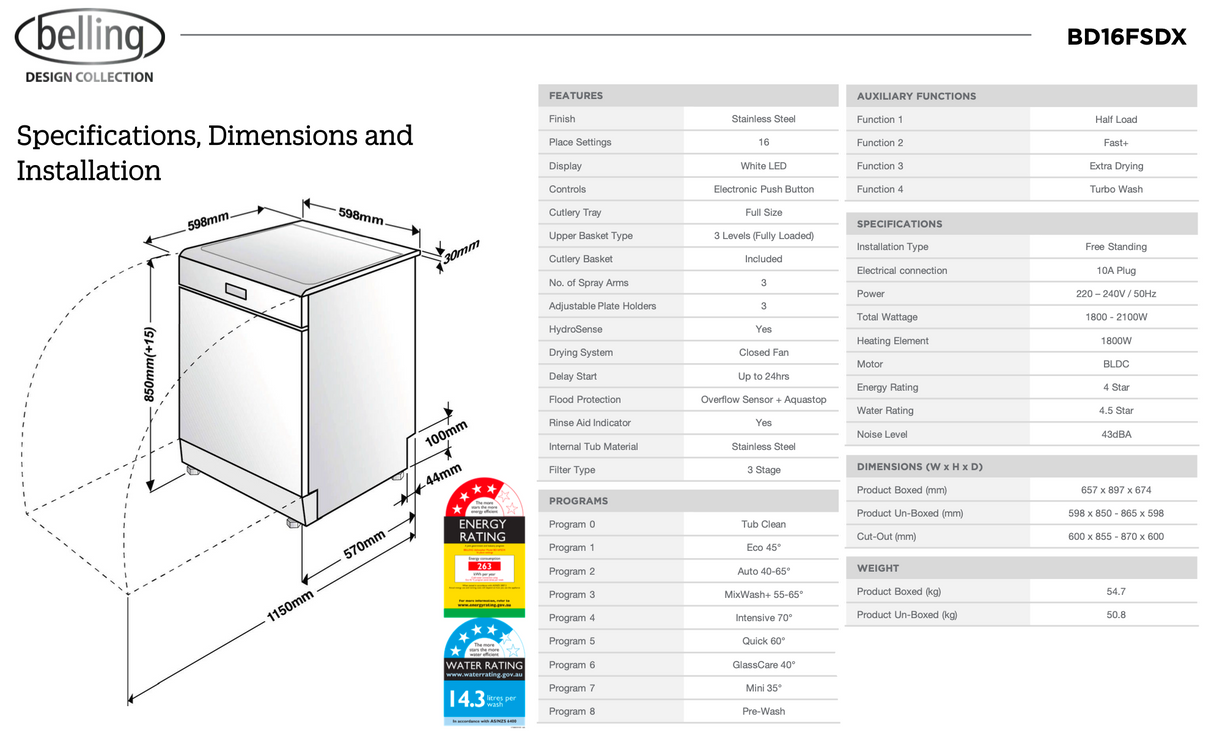 Belling BD16FSDX 16 Place European Made Stainless Steel Dishwasher - Seconds Discount