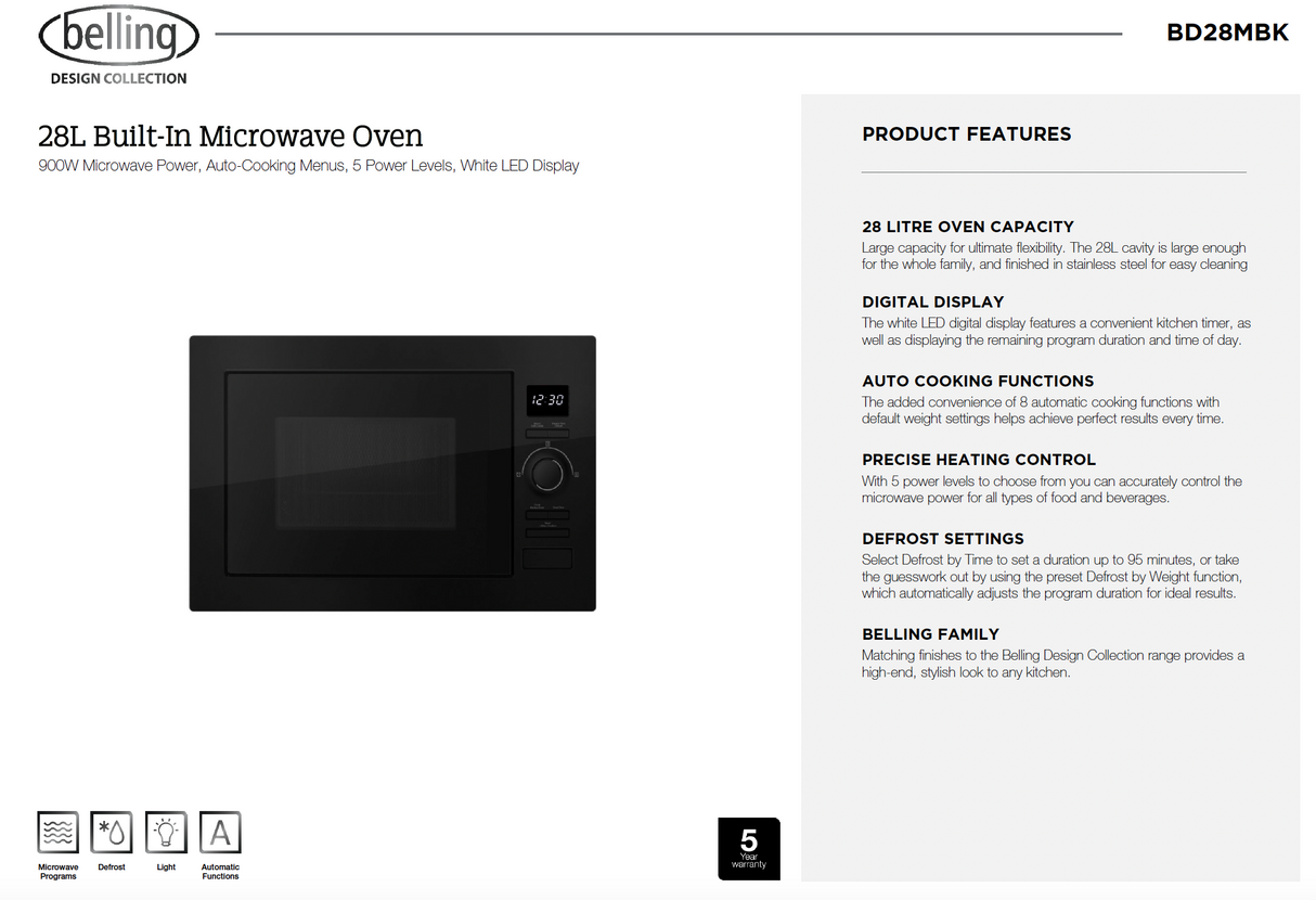 Belling BD28MBK 28 Litre Black Glass Built In Microwave Oven