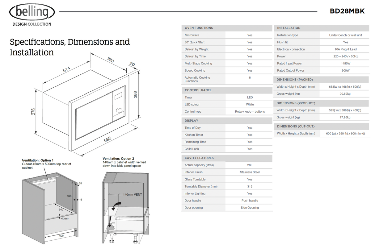 Belling BD28MBK 28 Litre Black Glass Built In Microwave Oven