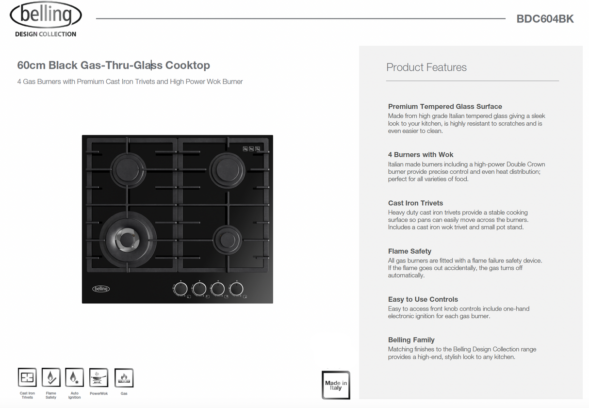 Belling BDC604BK 60cm Gas on Glass Cooktop, Black Glass