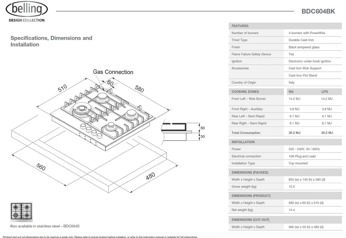 Belling BDC604BK 60cm Gas on Glass Cooktop, Black Glass