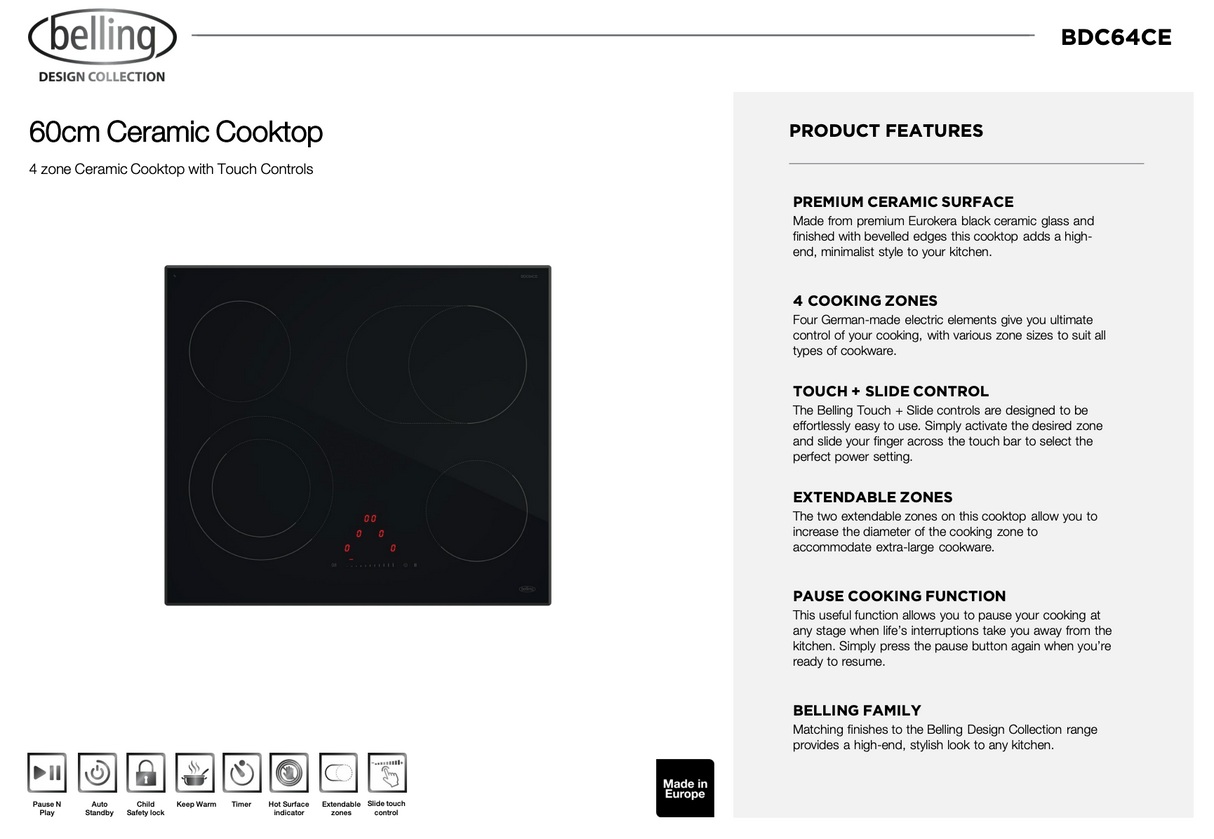 Belling BDC64CE 60cm 4 Zone Ceramic Cooktop, Black - Made in France
