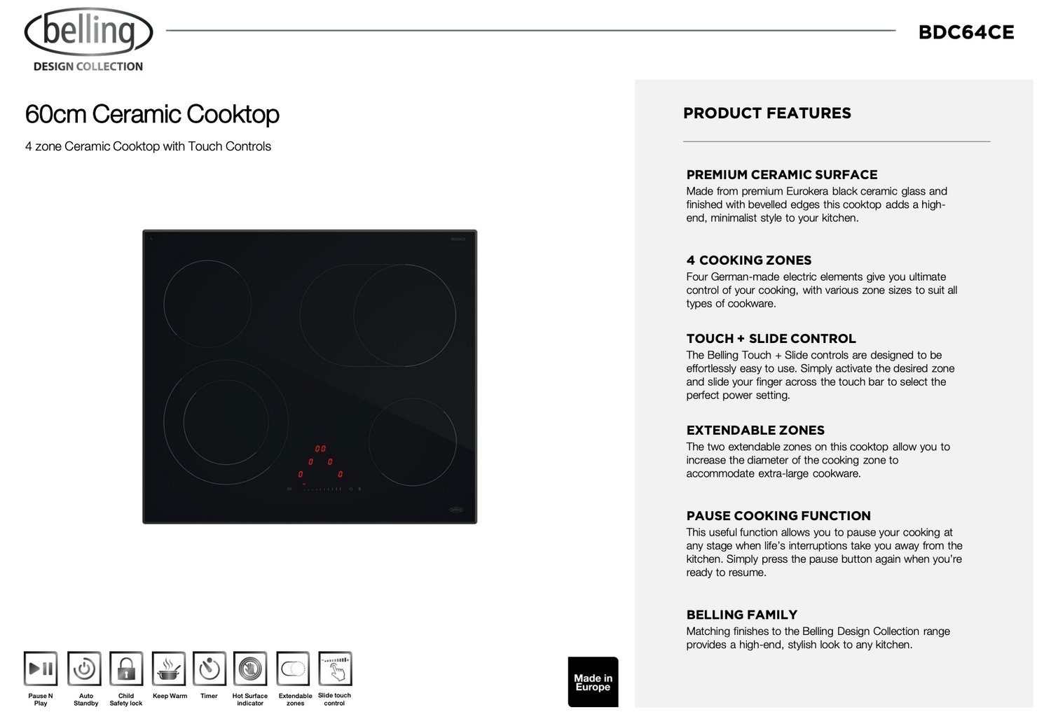 Belling BDC64CE 60cm 4 Zone Ceramic Cooktop, Black - Made in France