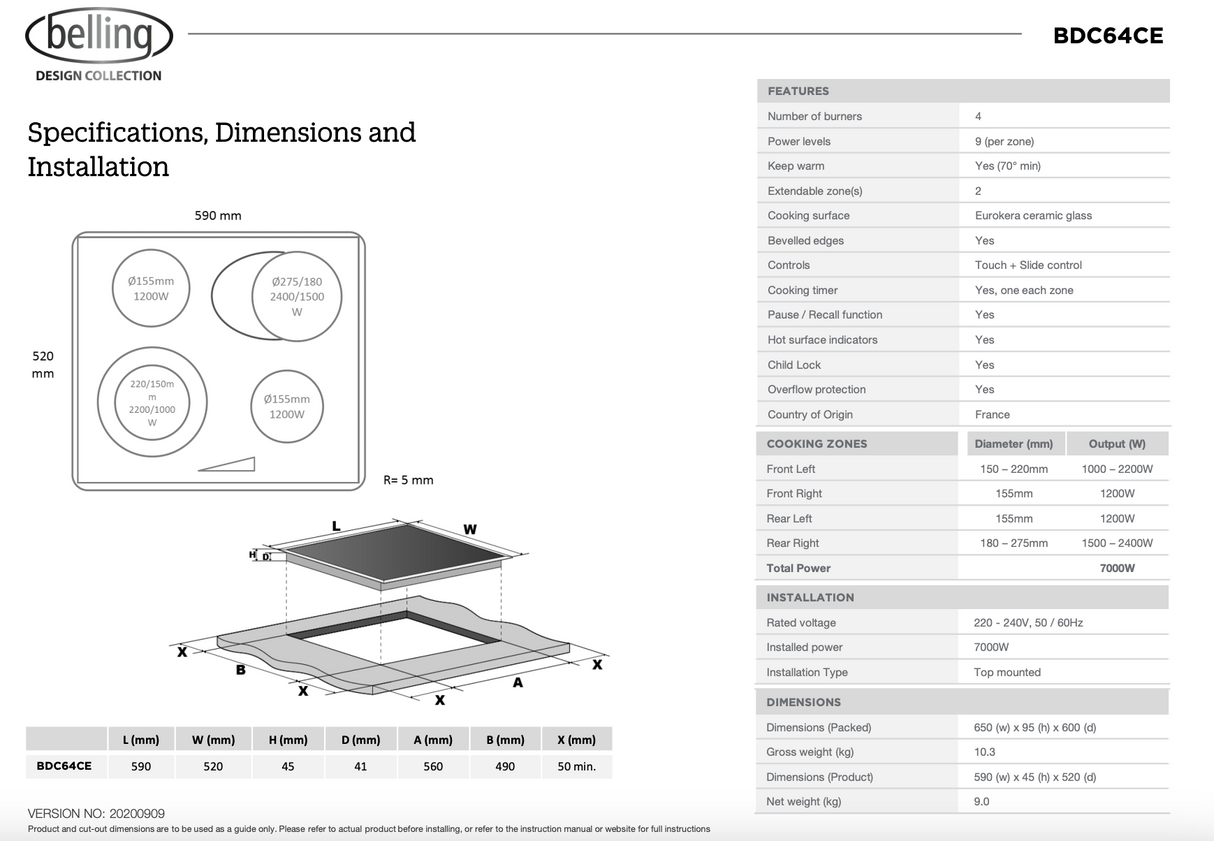 Belling BDC64CE 60cm 4 Zone Ceramic Cooktop, Black - Made in France