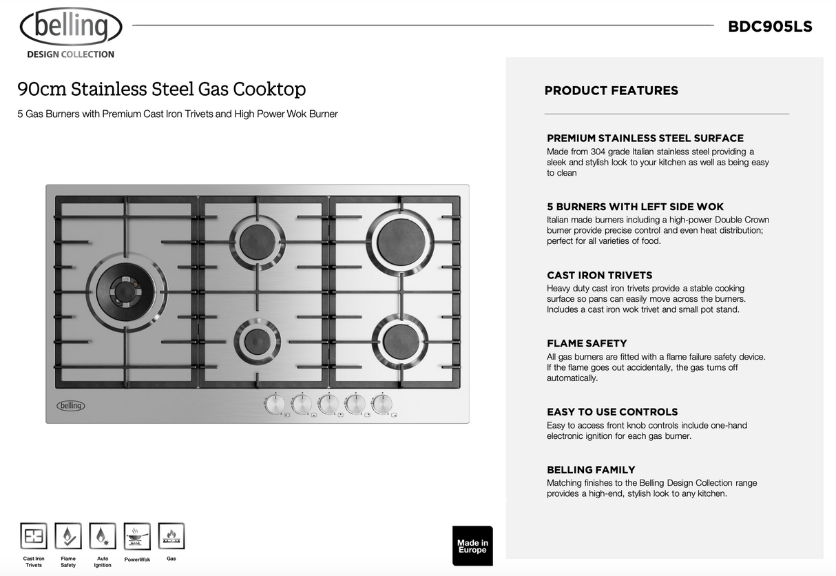 Belling BDC905LS 90cm 5 Burner Gas Cooktop, Stainless Steel - Ex Display Discount