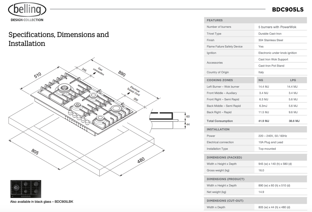 Belling BDC905LS 90cm 5 Burner Gas Cooktop, Stainless Steel - Ex Display Discount