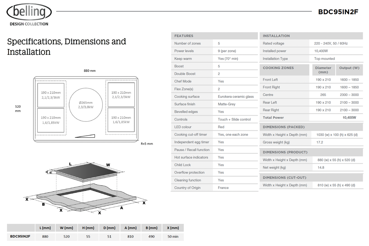 Belling BDC95IN2F 90cm 5 Zone Induction Cooktop, Matte Black - Made in France