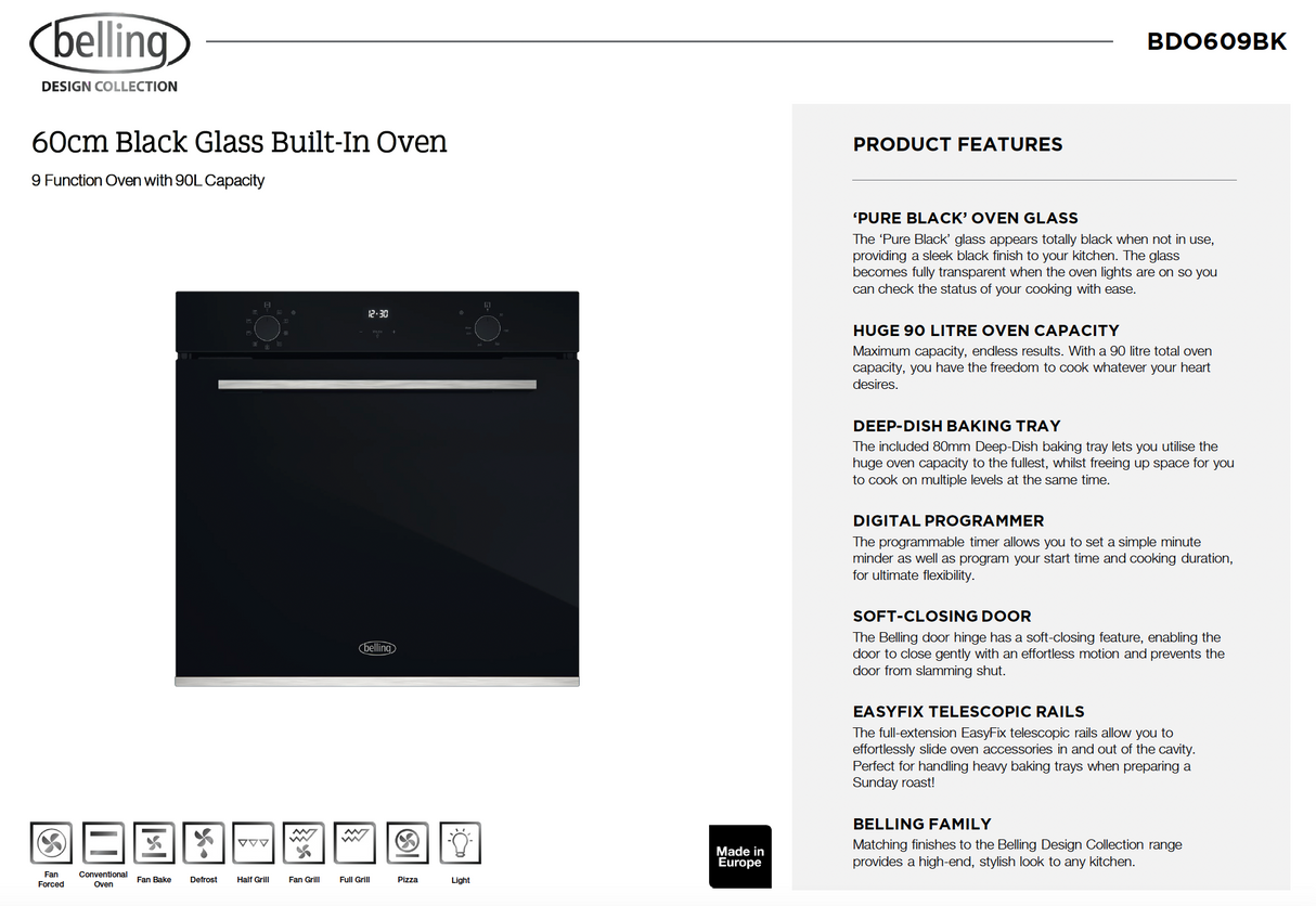 Belling BDO609BK 60cm Multifunction Black Glass Electric Oven