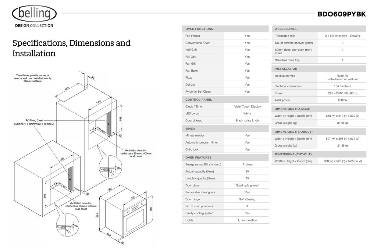 Technical specifications and installation guide for a Belling oven, featuring diagrams and text.