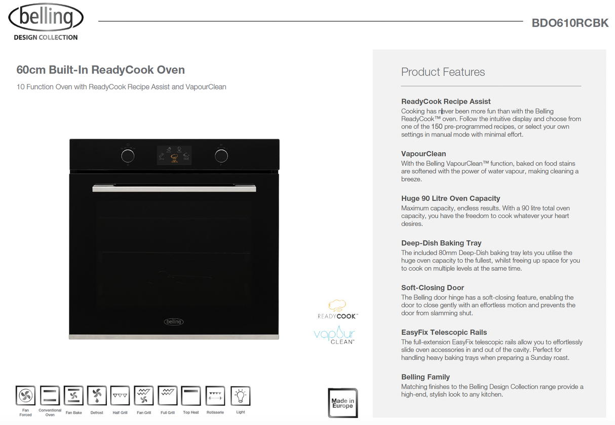 Belling BDO610RCBK 60cm Built-in ReadyCook Black Glass Oven