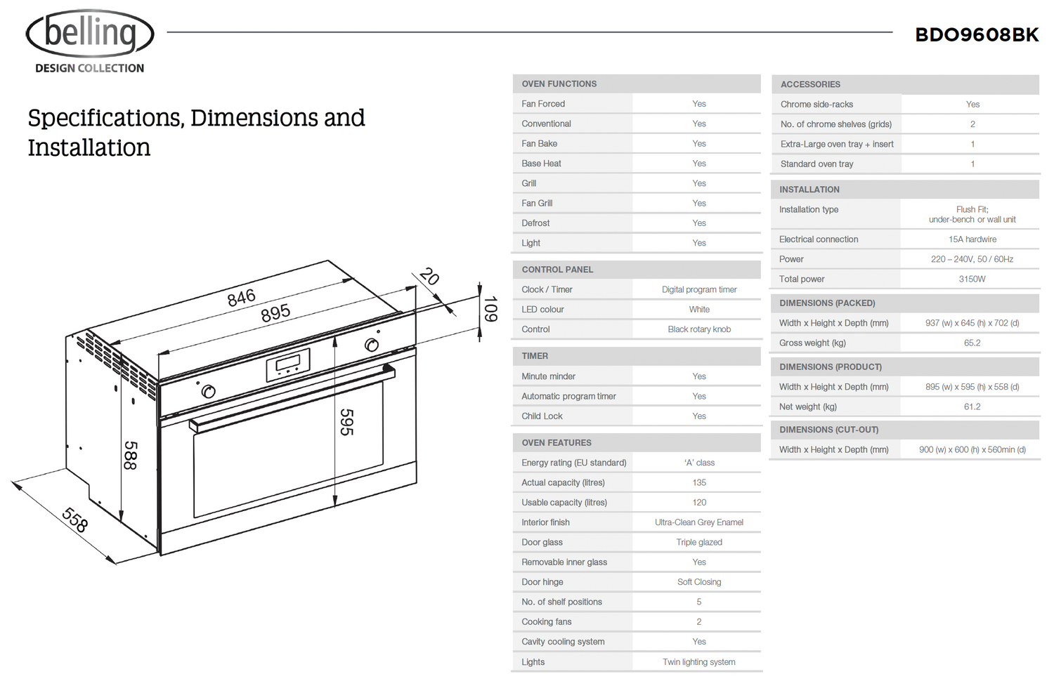 Belling BDO9608BK 90cm Built-in 8 Function Black Glass Oven - Made in Italy
