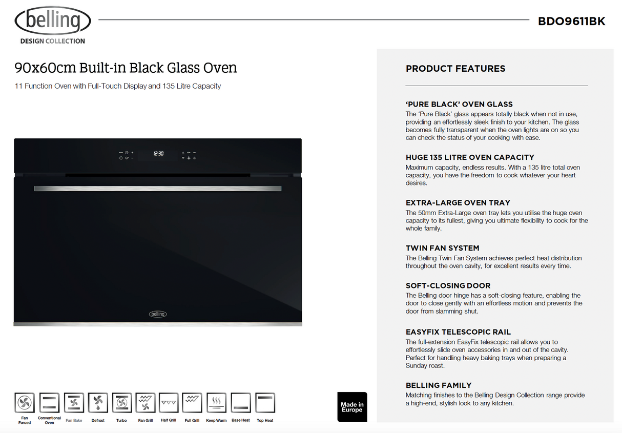 Belling BDO9611BK 90cm Built-in 8 Function Black Glass Oven - Made in Italy