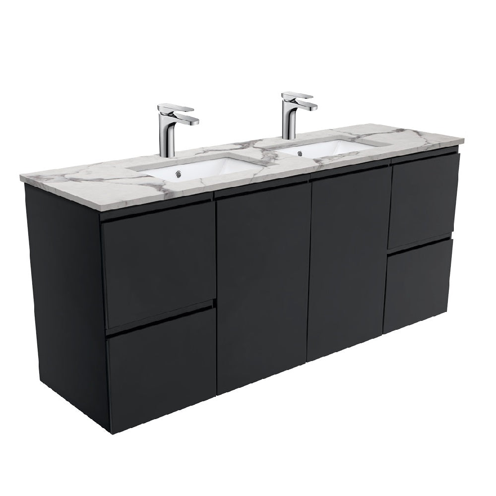 Fienza SM150ZBD Fingerpull Black Calacatta Marble Wall Hung 1500mm Vanity (Double Bowl)