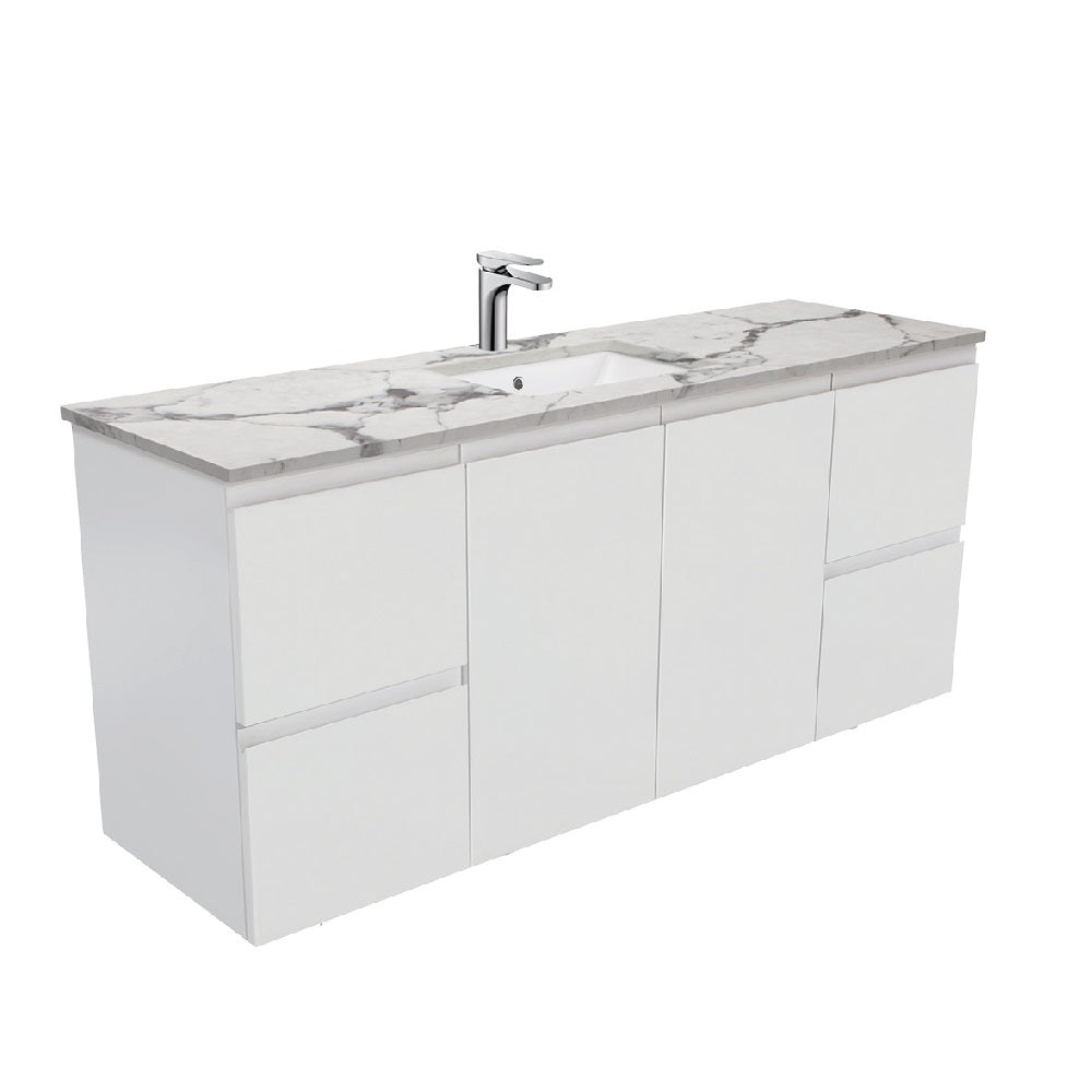Fienza SM150ZS Fingerpull Matte Calacatta Marble Wall Hung 1500mm Vanity (Single Bowl)