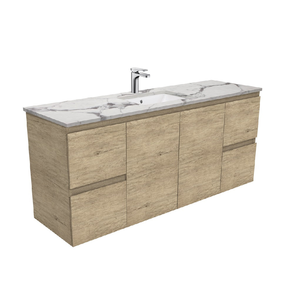 Fienza SM150SS Edge Scandi Oak Calacatta Marble Wall Hung 1500mm Vanity (Single Bowl)