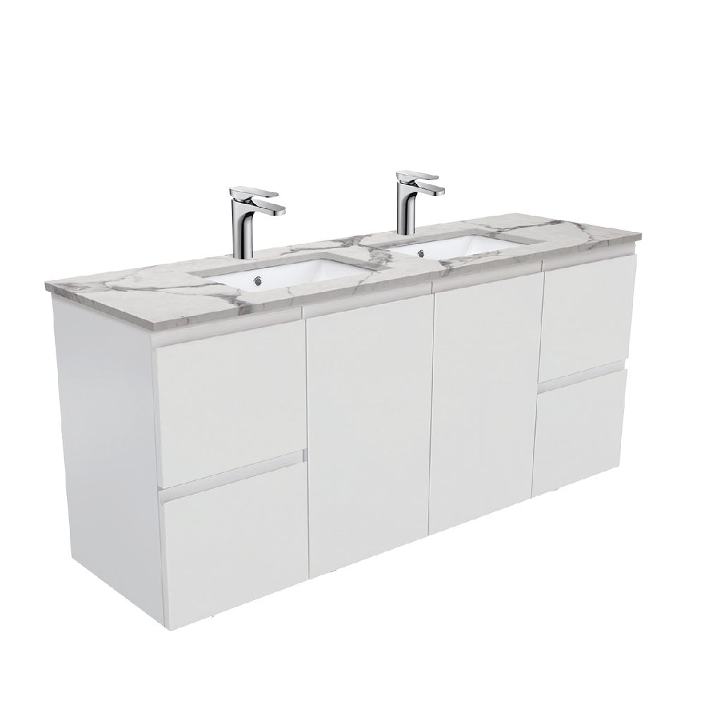 Fienza SM150ZD Fingerpull Matte Calacatta Marble Wall Hung 1500mm Vanity (Double Bowl)