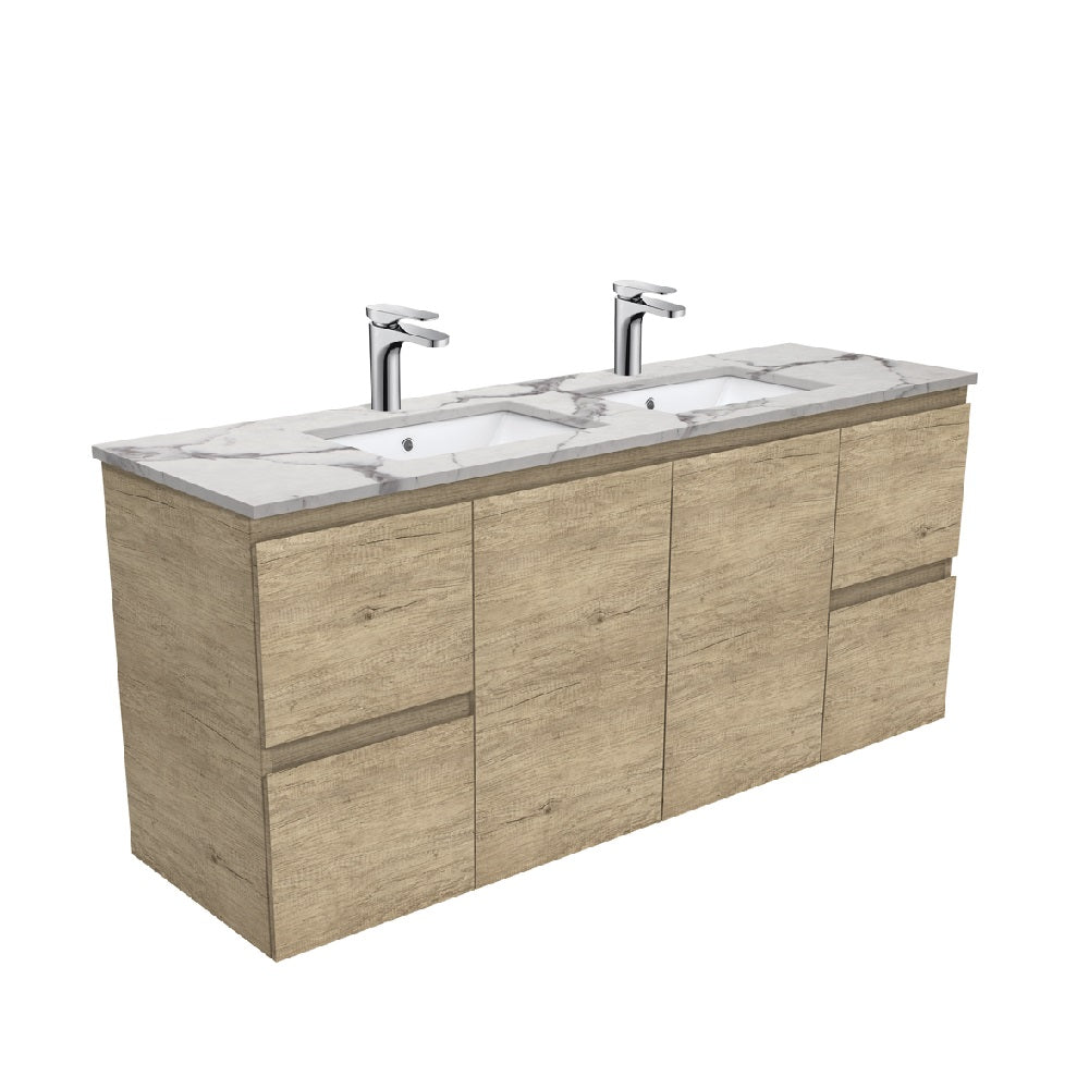 Fienza SM150SD Edge Scandi Oak Calacatta Marble Wall Hung 1500mm Vanity (Double Bowl)