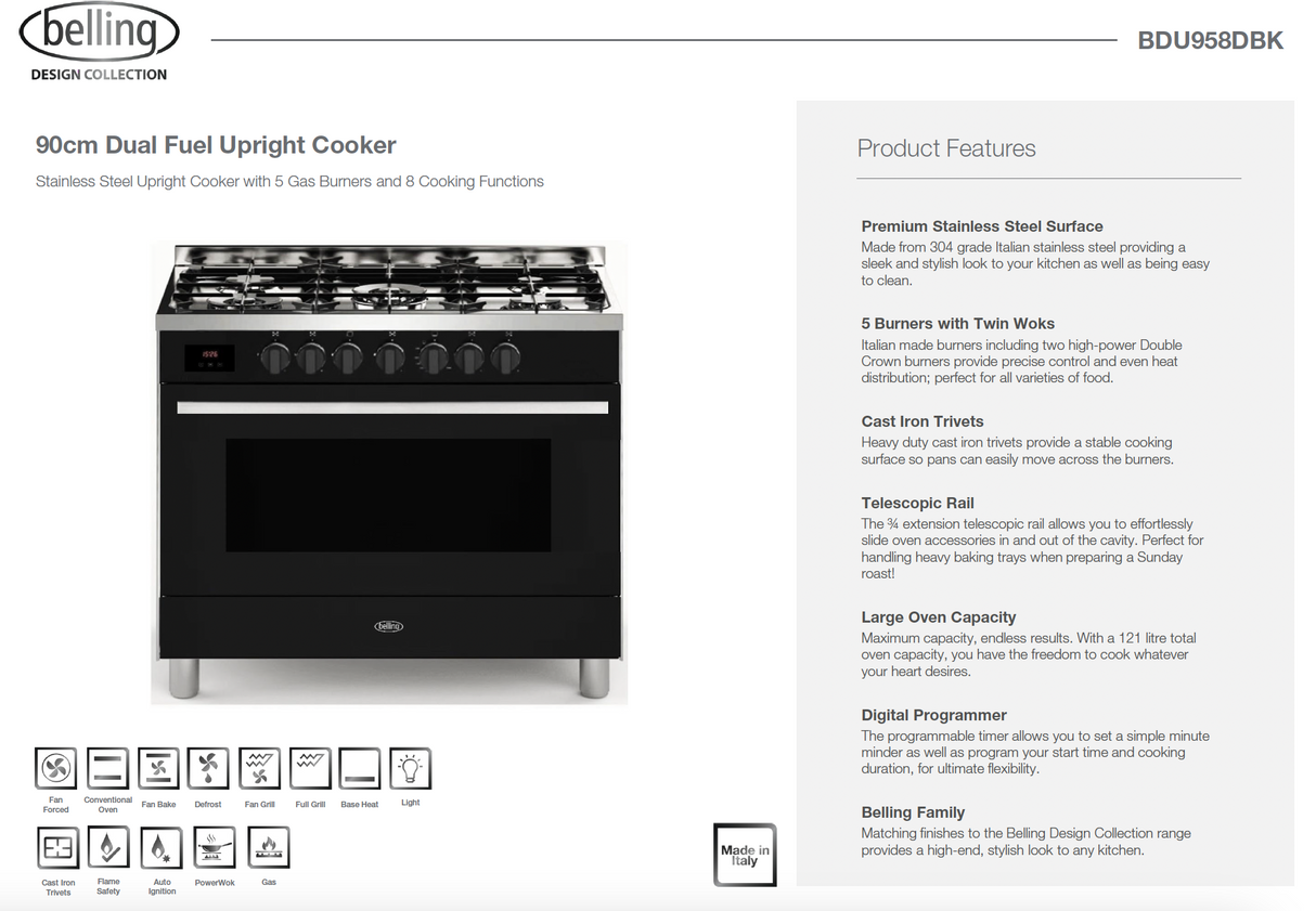 Belling BDU958DBK 90cm Dual Fuel Upright Cooker, Black - Ex Display Discount