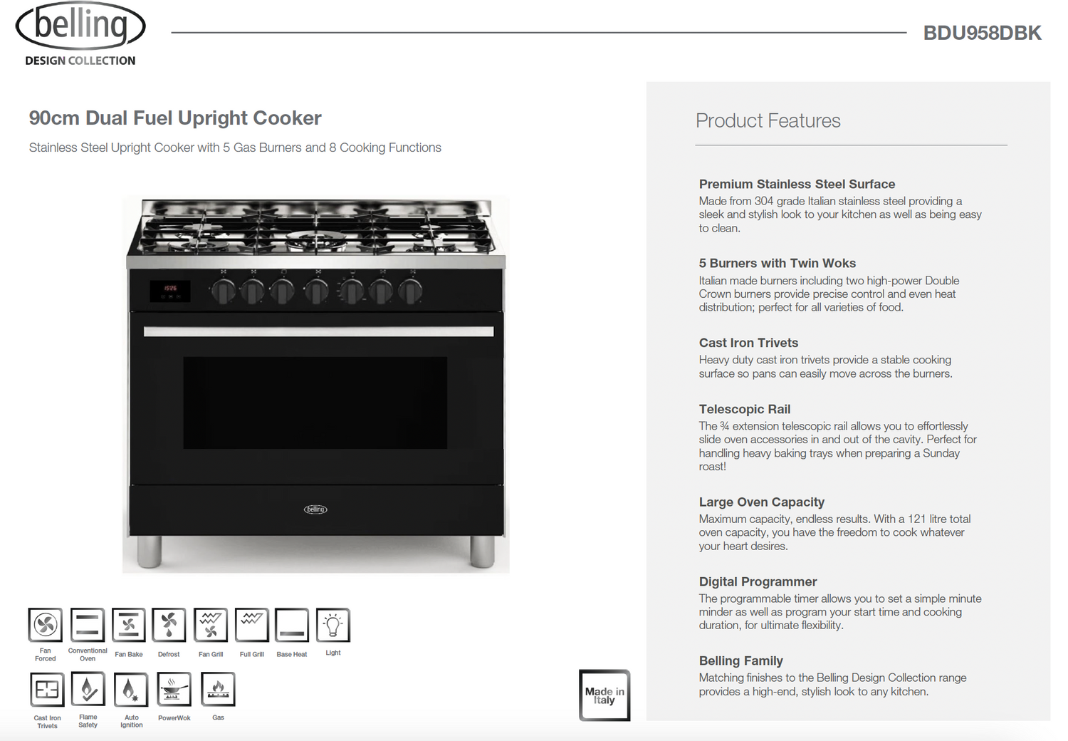 Belling BDU958DBK 90cm Dual Fuel Upright Cooker, Black - Ex Display Discount