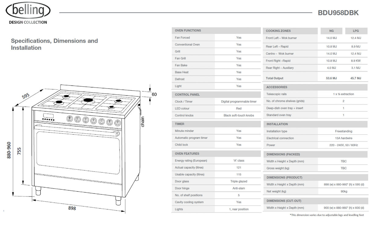 Belling BDU958DBK 90cm Dual Fuel Upright Cooker, Black - Ex Display Discount