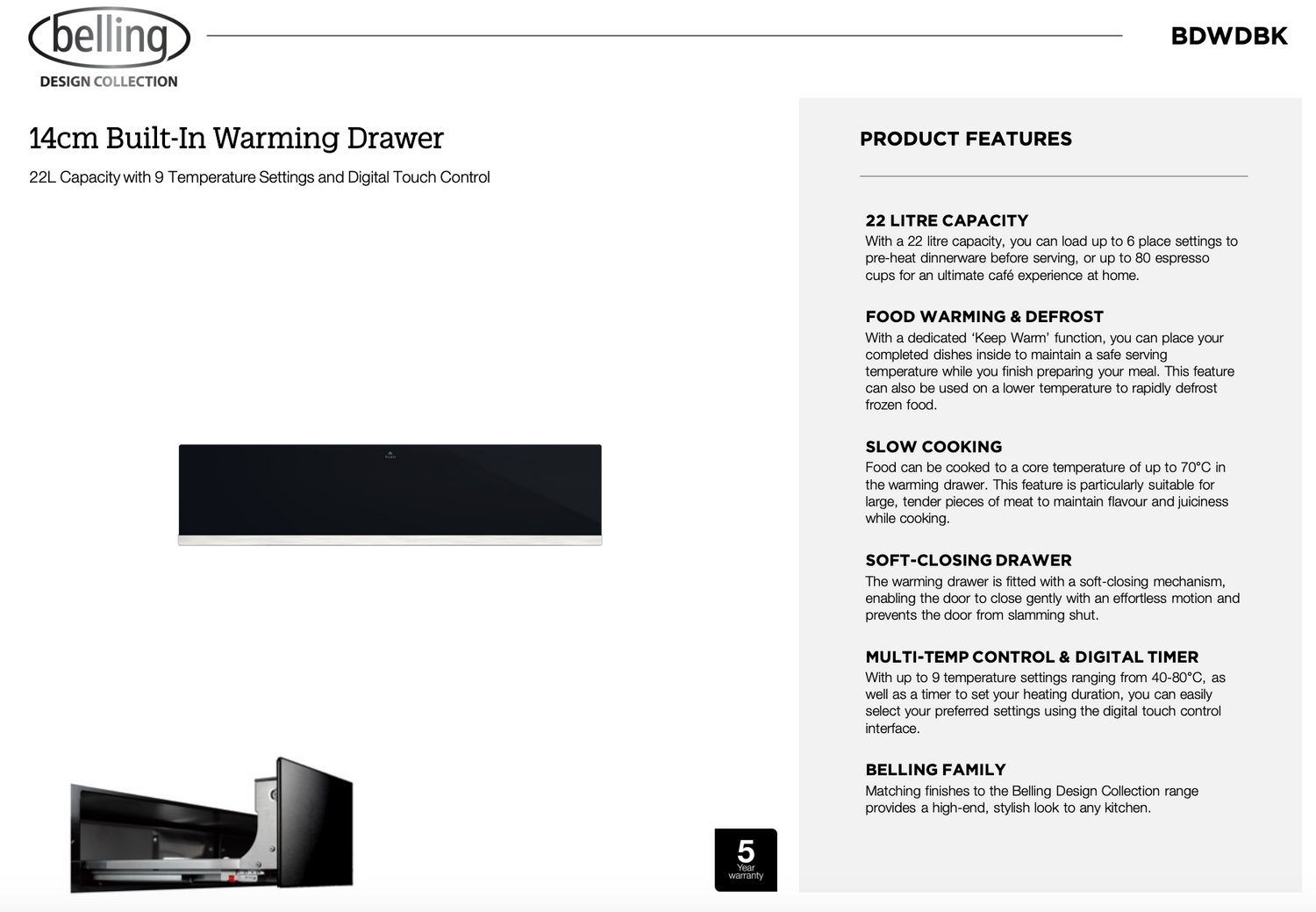 Belling BDWDBK 14cm Built-in Warming Drawer, Black Glass