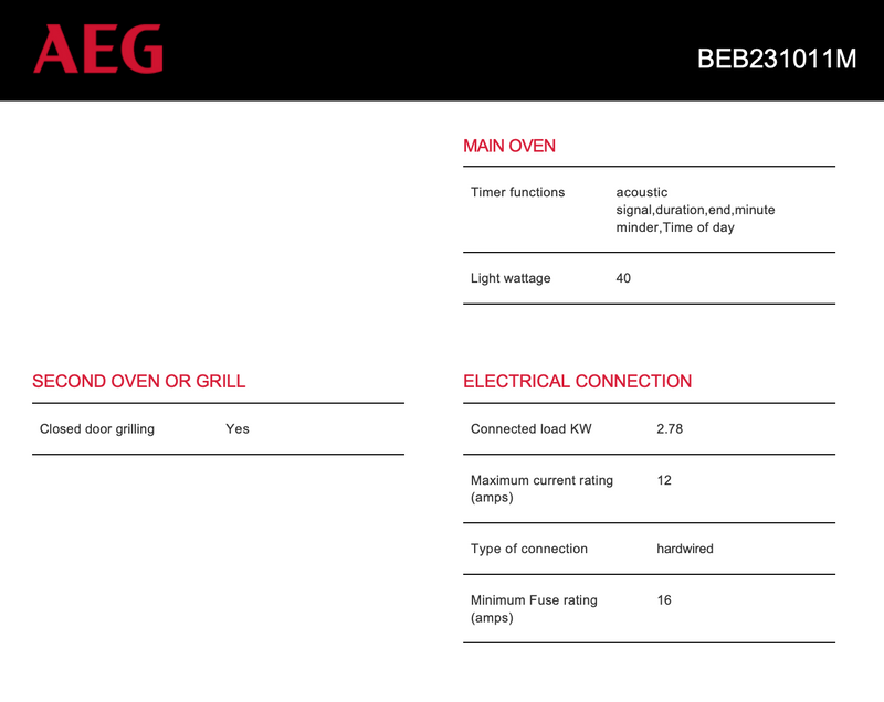 AEG BEB231011M 60cm Electric Built-In Oven - AEG Seconds Discount