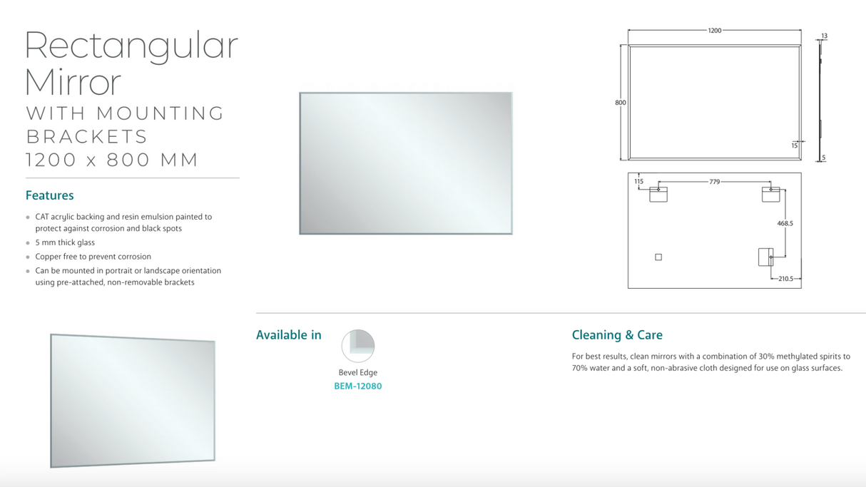 Fienza BEM-12080 Bevel Edge Rectangular Mirror, 1200 x 800mm