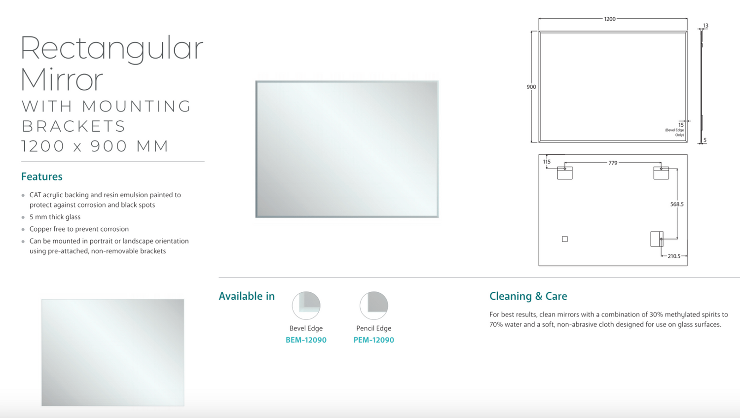 Fienza BEM-12090 Bevel Edge Rectangular Mirror, 1200 x 900mm
