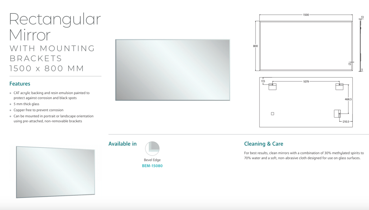 Fienza BEM-15080 Bevel Edge Rectangular Mirror, 1500 x 800mm