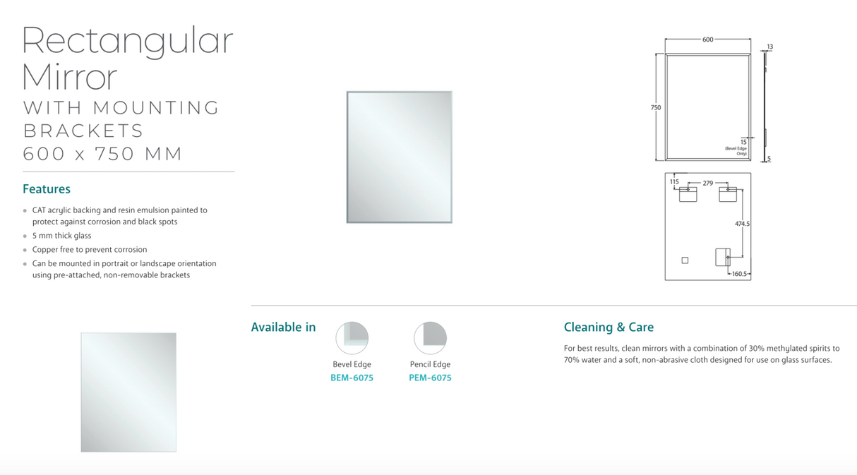 Fienza BEM-6075 Bevel Edge Rectangular Mirror, 600 x 750mm