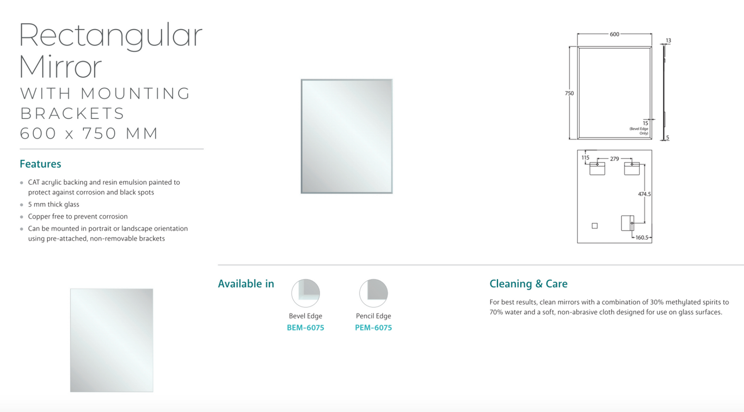 Fienza BEM-6075 Bevel Edge Rectangular Mirror, 600 x 750mm
