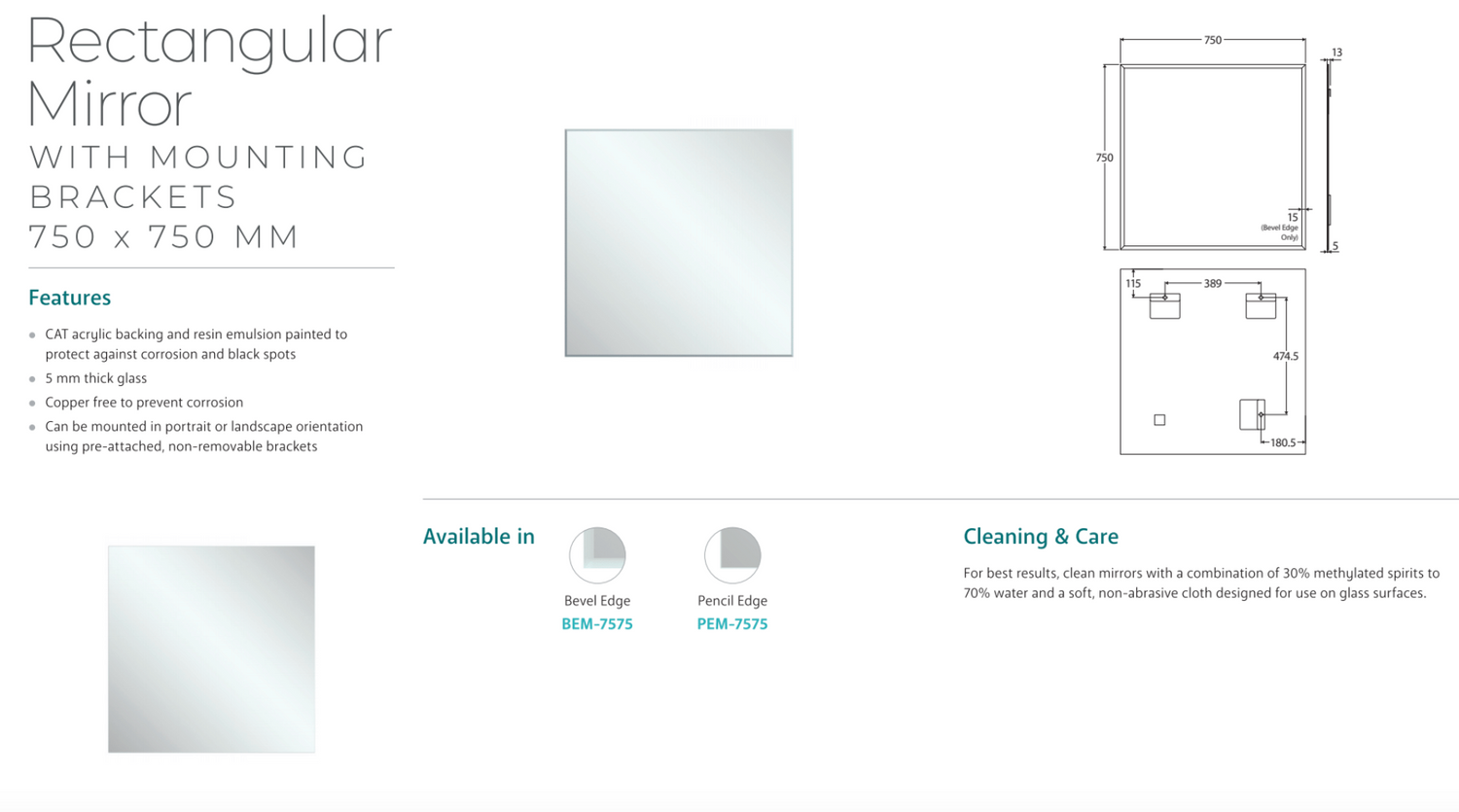 Fienza BEM-7575 Bevel Edge Rectangular Mirror, 750 x 750mm