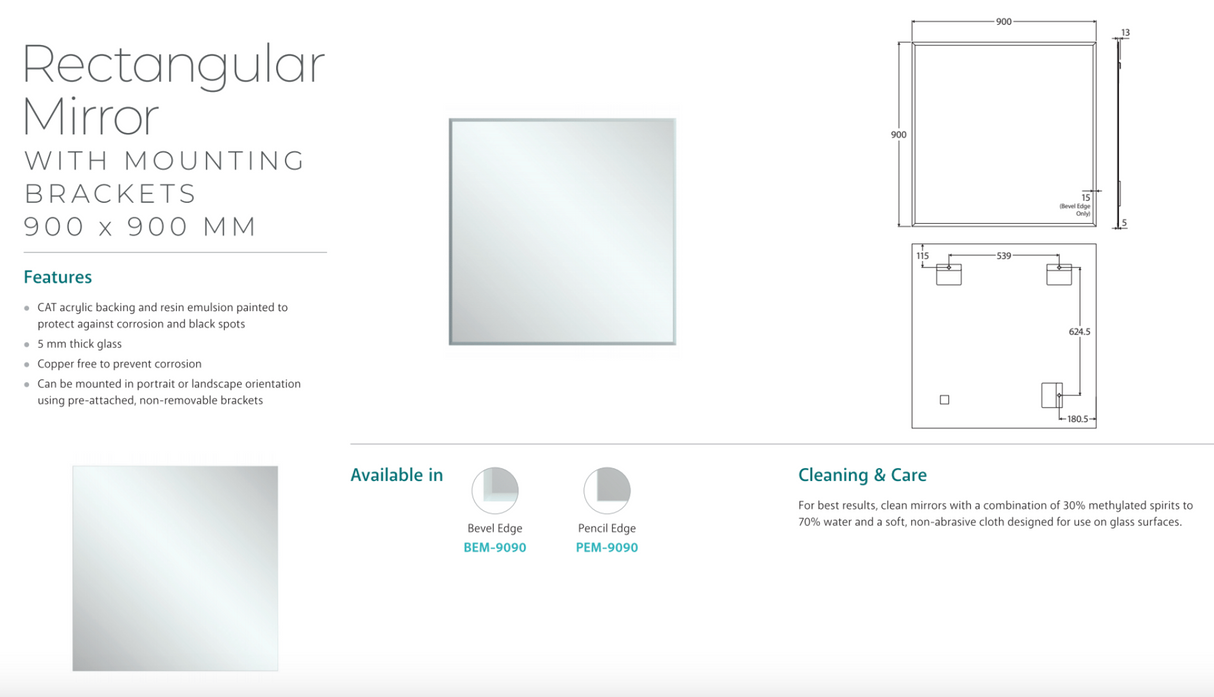 Fienza BEM-9090 Bevel Edge Rectangular Mirror, 900 x 900mm