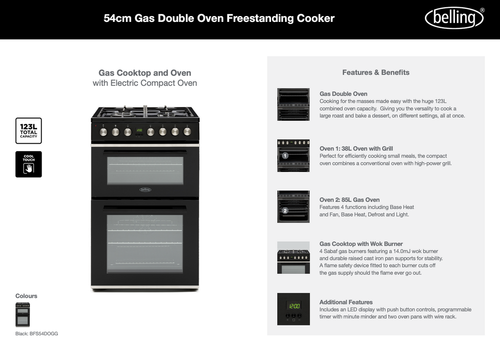 Belling 540mm electric double oven freestanding cooker hotsell