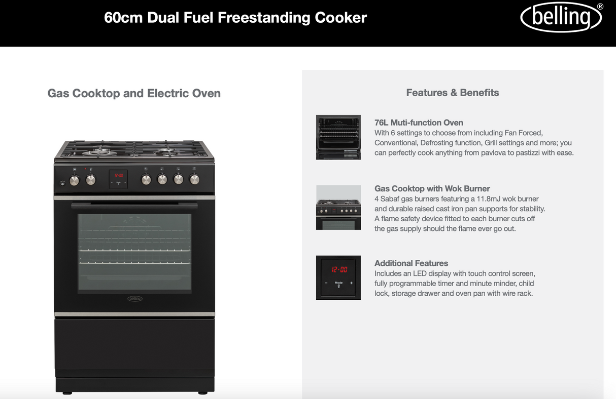 Belling BFS60SCDF 60cm Black Finish Dual Fuel Upright Stove - Ex Display Discount