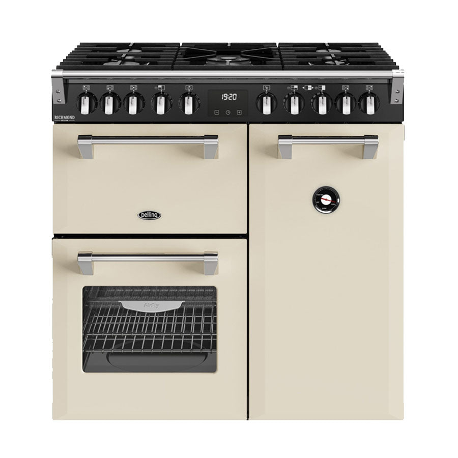 Belling BRDX90DFCR 90cm Richmond Deluxe Dual Fuel Freestanding Oven, Split Ovens, Cream