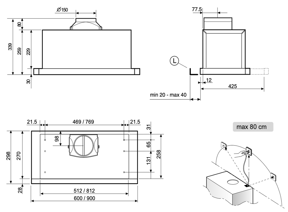 Blanco Brsh90X 90Cm Slide Out Rangehood