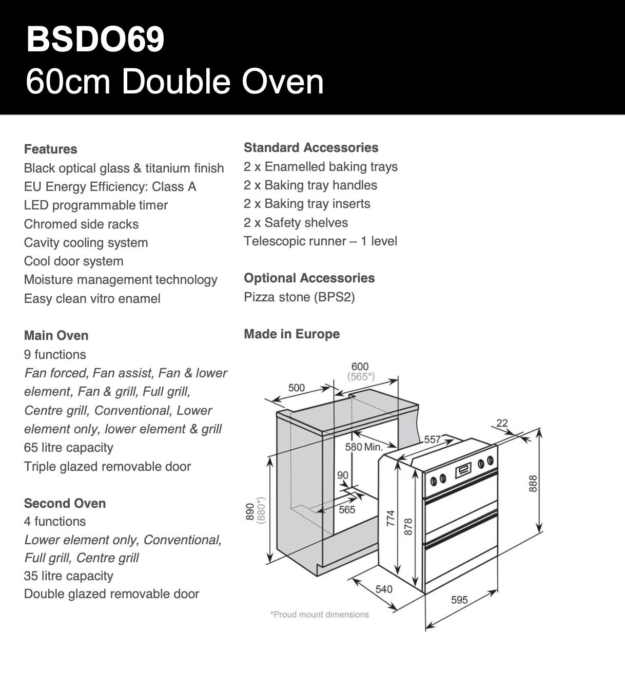 Baumatic BSDO69 Studio Solari Black Glass Double Oven – Carton Damage Discount